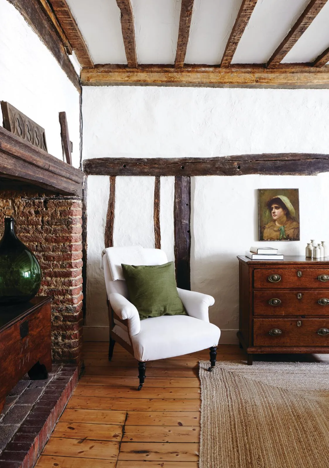 Tudor cottage, re-upholstered bedroom armchair