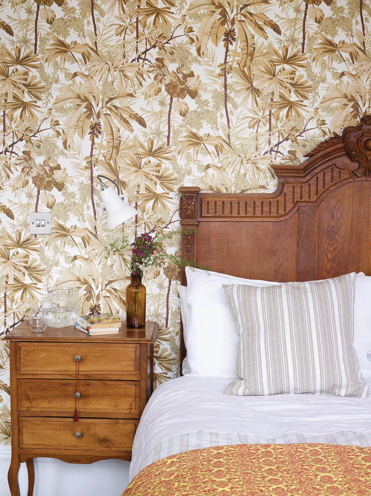 North-west London home: master bedroom wallpaper detail.