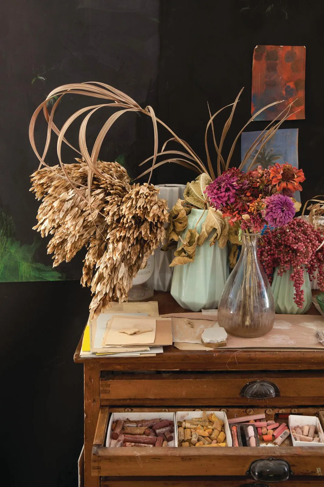 Italian house, wildflowers and grasses displayed in Elena's studio.
