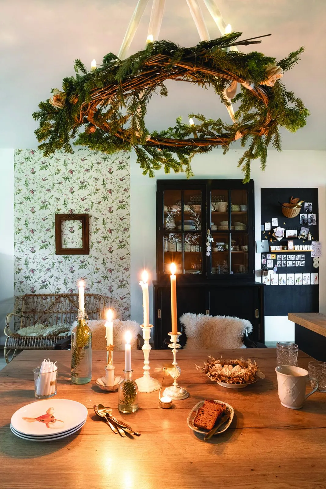 French converted barn wreath above table
