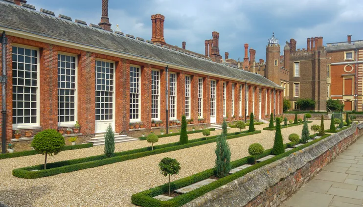 Exterior of Hampton Court Palace and gardens during Summer.
