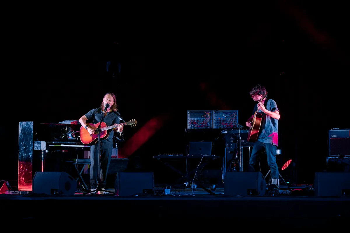 Jonny Greenwood and Thom Yorke perform with Radiohead in Macerata, Italy