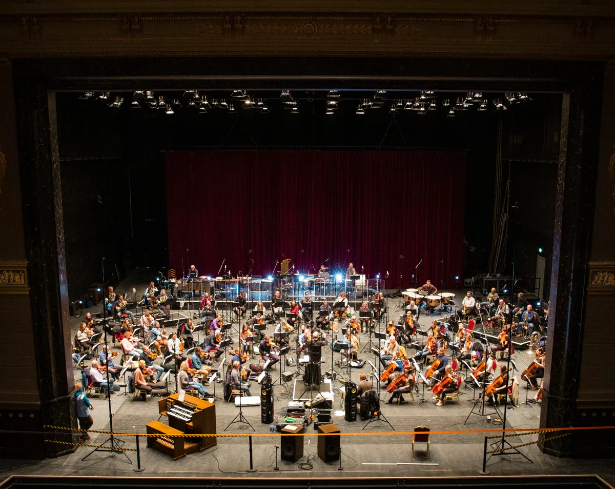 Andrew Lloyd Webber recording session with an 80 piece orchestra at the Theatre Royal, Drury Lane, London. April 2021