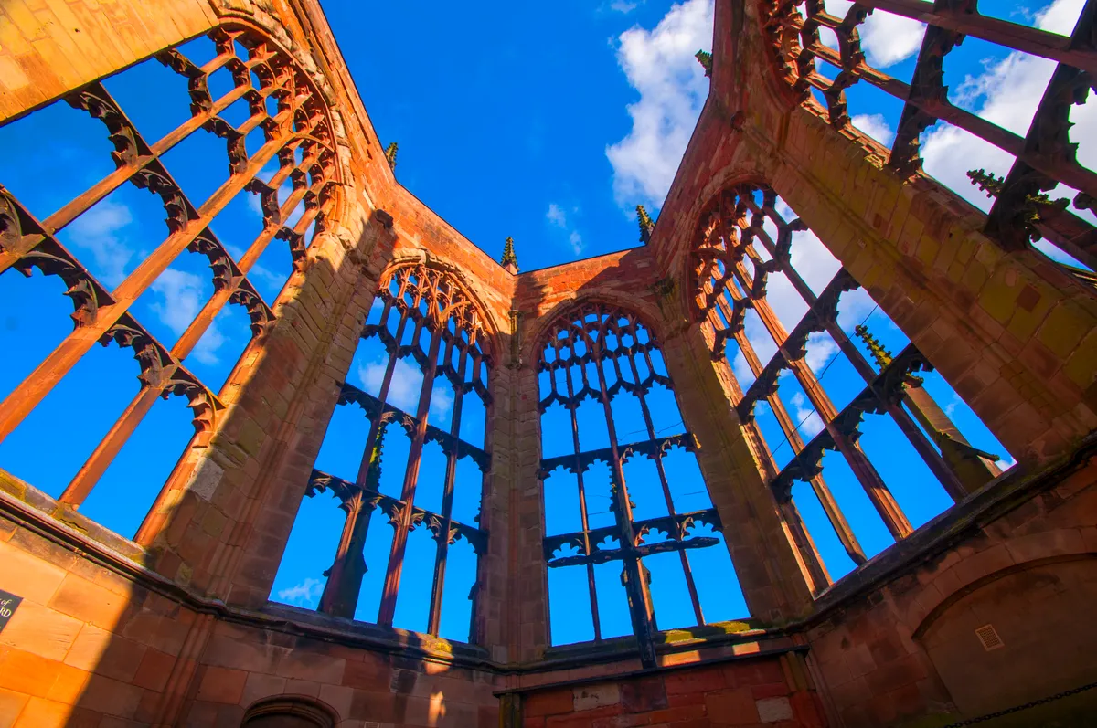 The second Coventry Cathedral, St Michael's, a 14th century Gothic church later designated Cathedral, that remains as a ruined shell after its bombing during the Second World War.
