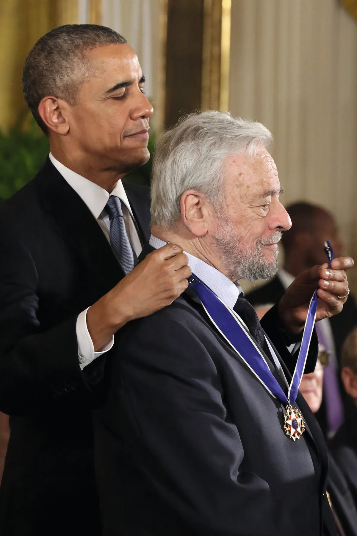 WASHINGTON, DC - NOVEMBER 24: U.S. President Barack Obama presents musical theater master Stephen Sondheim with the Presidential Medal of Freedom during a ceremony in the East Room of the White House November 24, 2015 in Washington, DC. Obama presented the medal to thirteen living and four posthumous pioneers in science, sports, public service, human rights, politics and arts, (Photo by Chip Somodevilla/Getty Images)