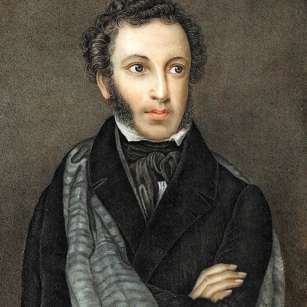 A painting of Alexander Pushkin wearing black with his arms crossed