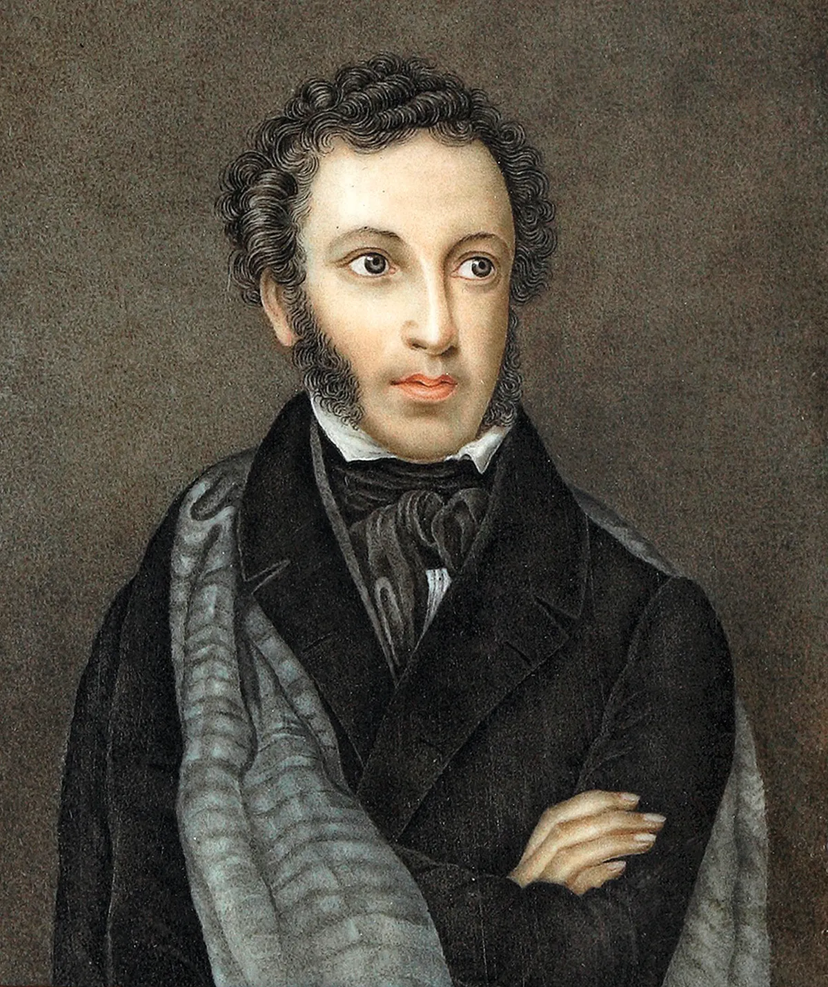 A painting of Alexander Pushkin wearing black with his arms crossed