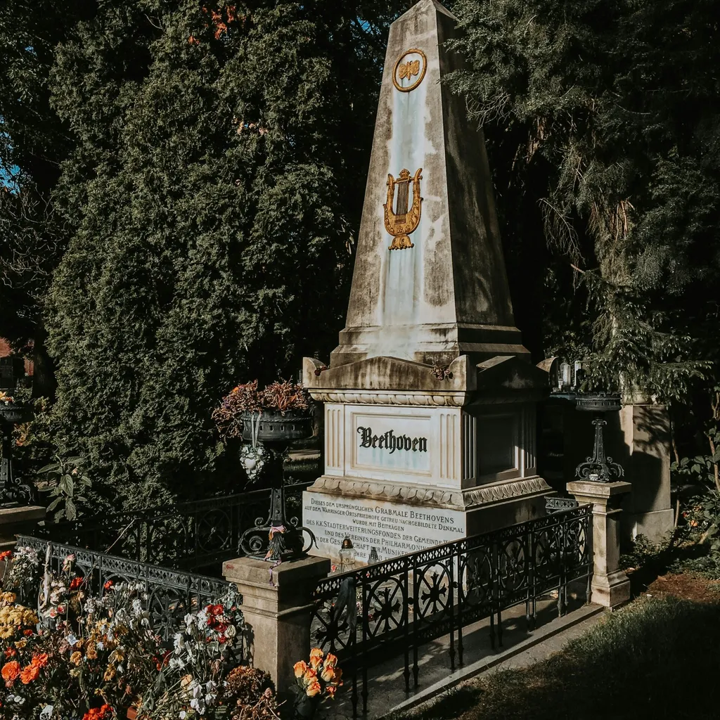 A photo of a grave with the word 'Beethoven' written on it surrounded by flowers