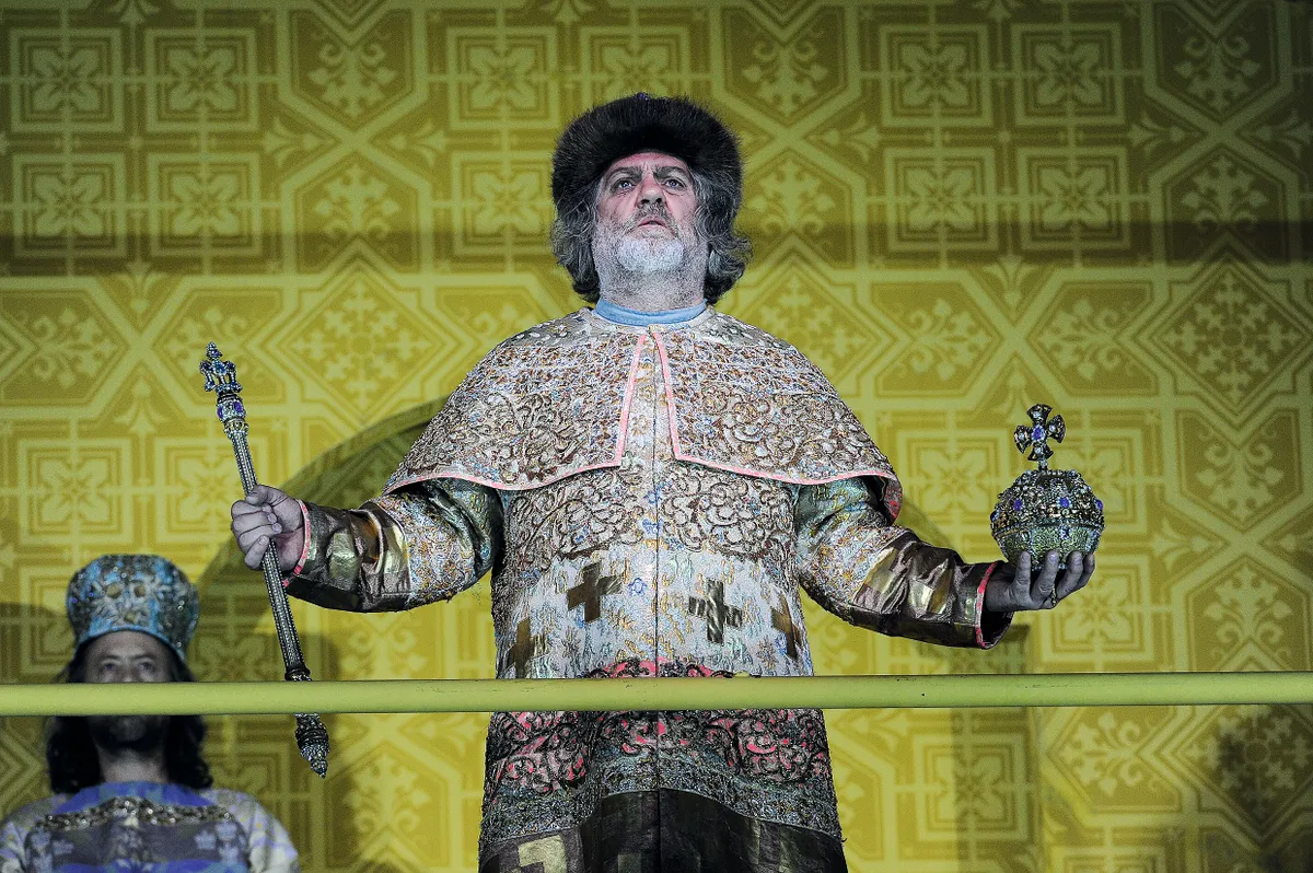 A production shot of Bryn Terfel wearing elaborate Russian costume