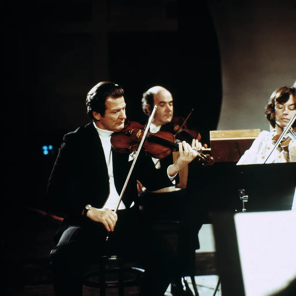 
Violinist and conductor Neville Marriner performs with his orchestra, the Academy of St. Martin in the Fields, circa 1983
