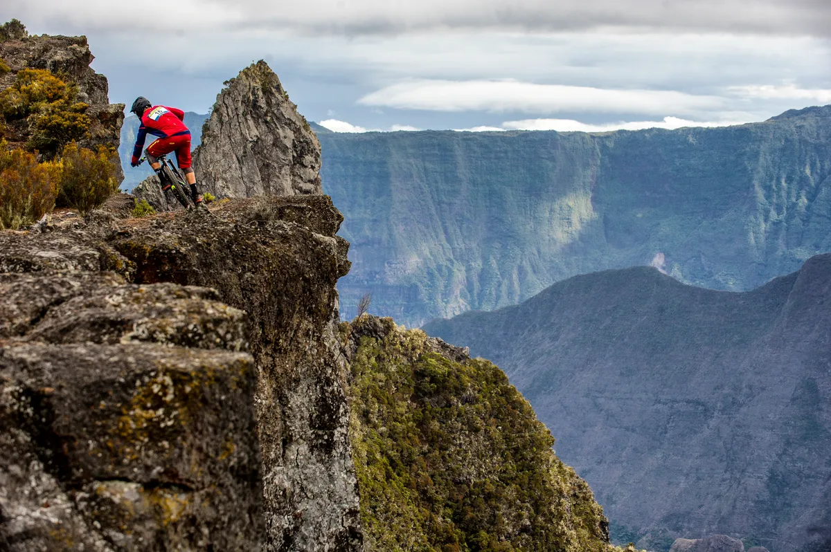 Riding on a cliff edge at Reunion Island