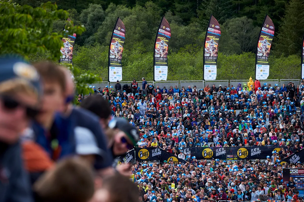 The stands at finish line of Fort William world cup