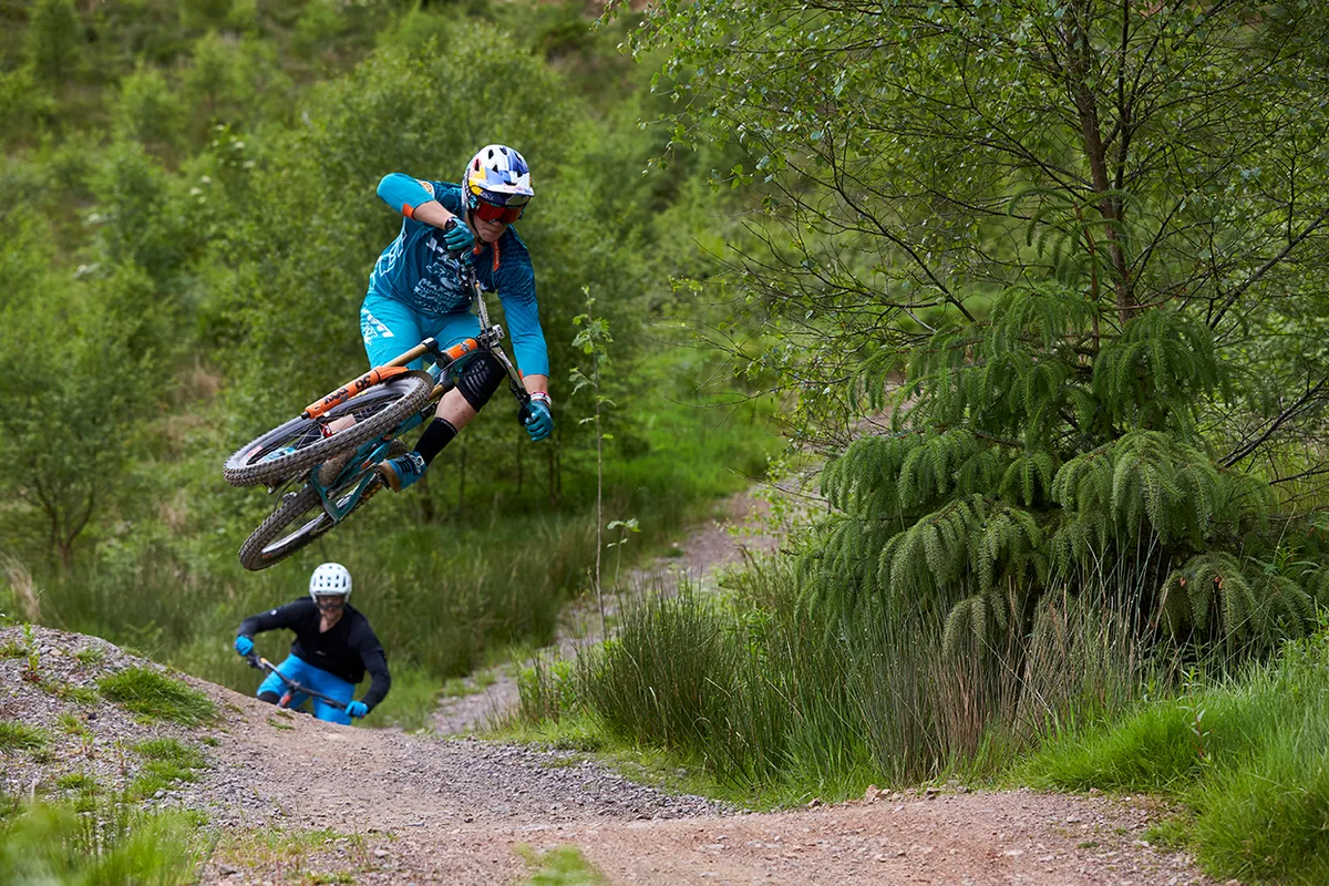 Richie Rude riding with Ed Thomsett at BikePark Wales