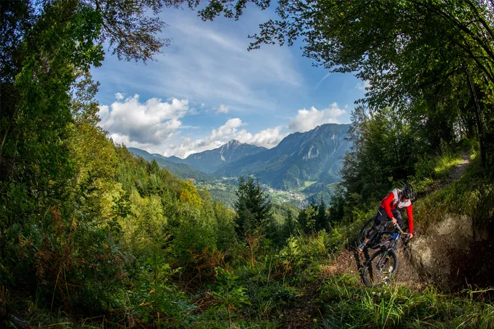 Singletrack in Slovenia with mountainous backdrop