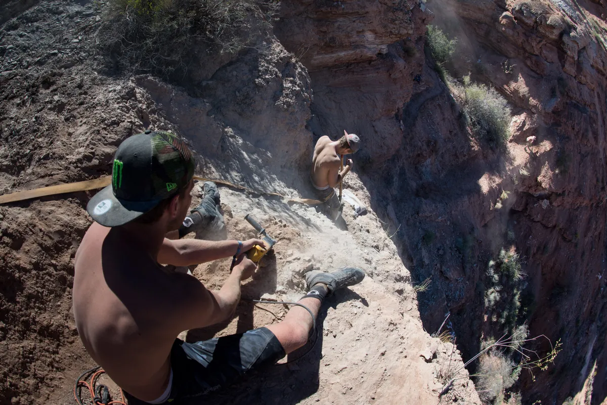 Bredan Fairclough digs a new line on his line at the Red Bull Rampage site in Virgin Utah