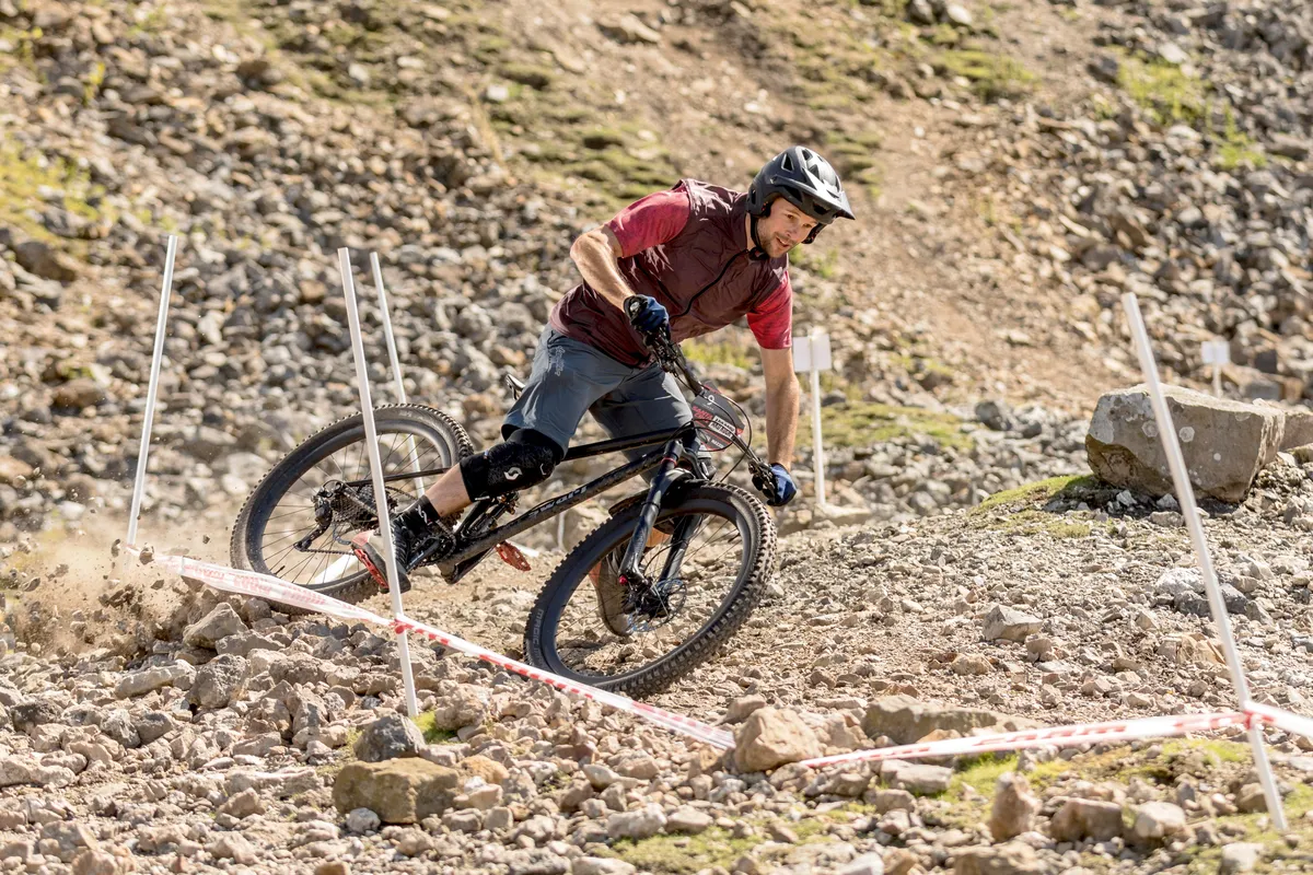 Alex Evans rides a Swarf Cycles Contour mountain bike at the Ard Rock Enduro