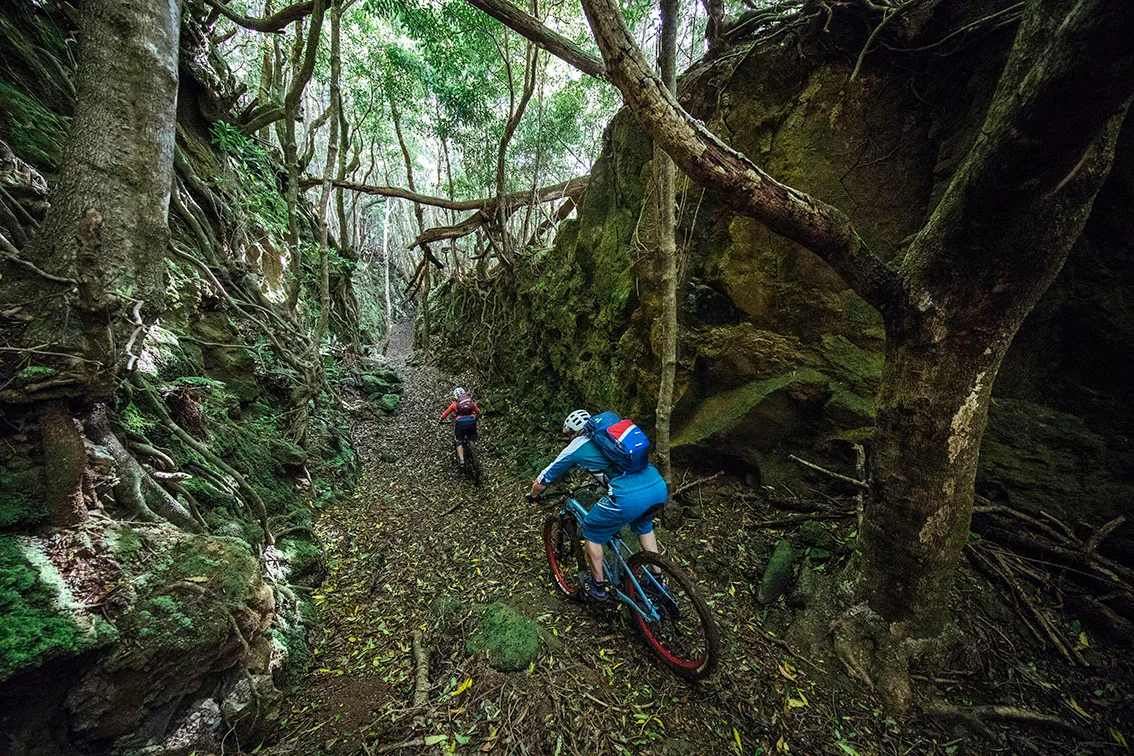 Riding through a root infested ravine on the Azores
