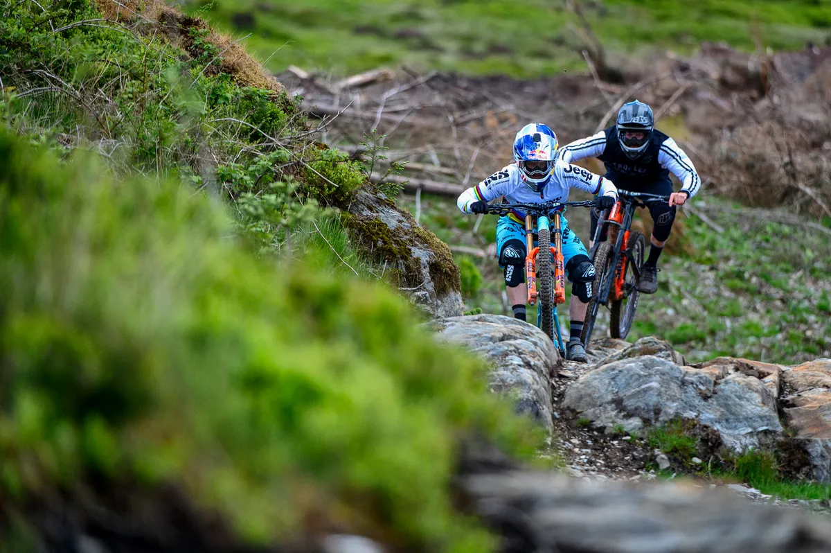 Rachel Atherton and MBUK Staff Writer Ed ride together in Dyfi, Wales