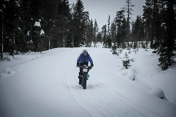 Matt riding through snow on the Rovaniemi in Finalnd
