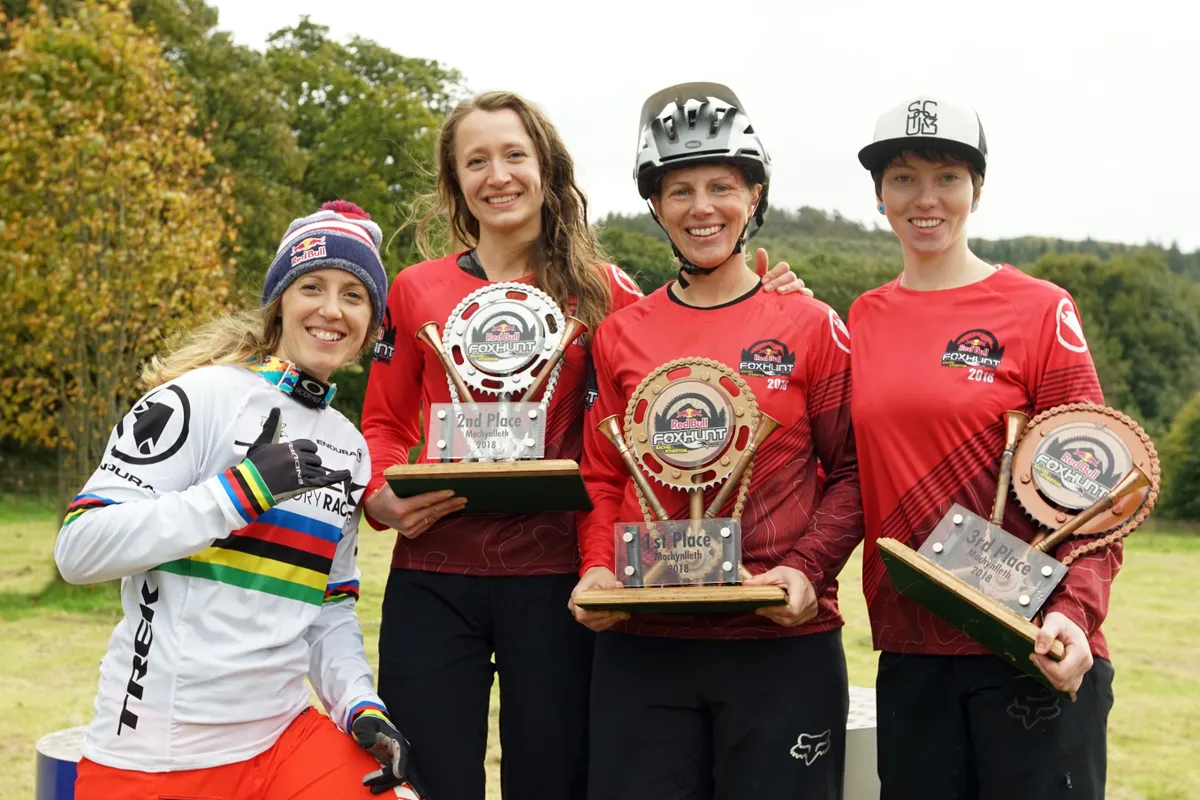 The 2018 girls podium of Francie Arthur, Katie Wakely and Stacey Fisher (plus Rachel Atherton, of course!) Photo: Jane Stockdale / Red Bull