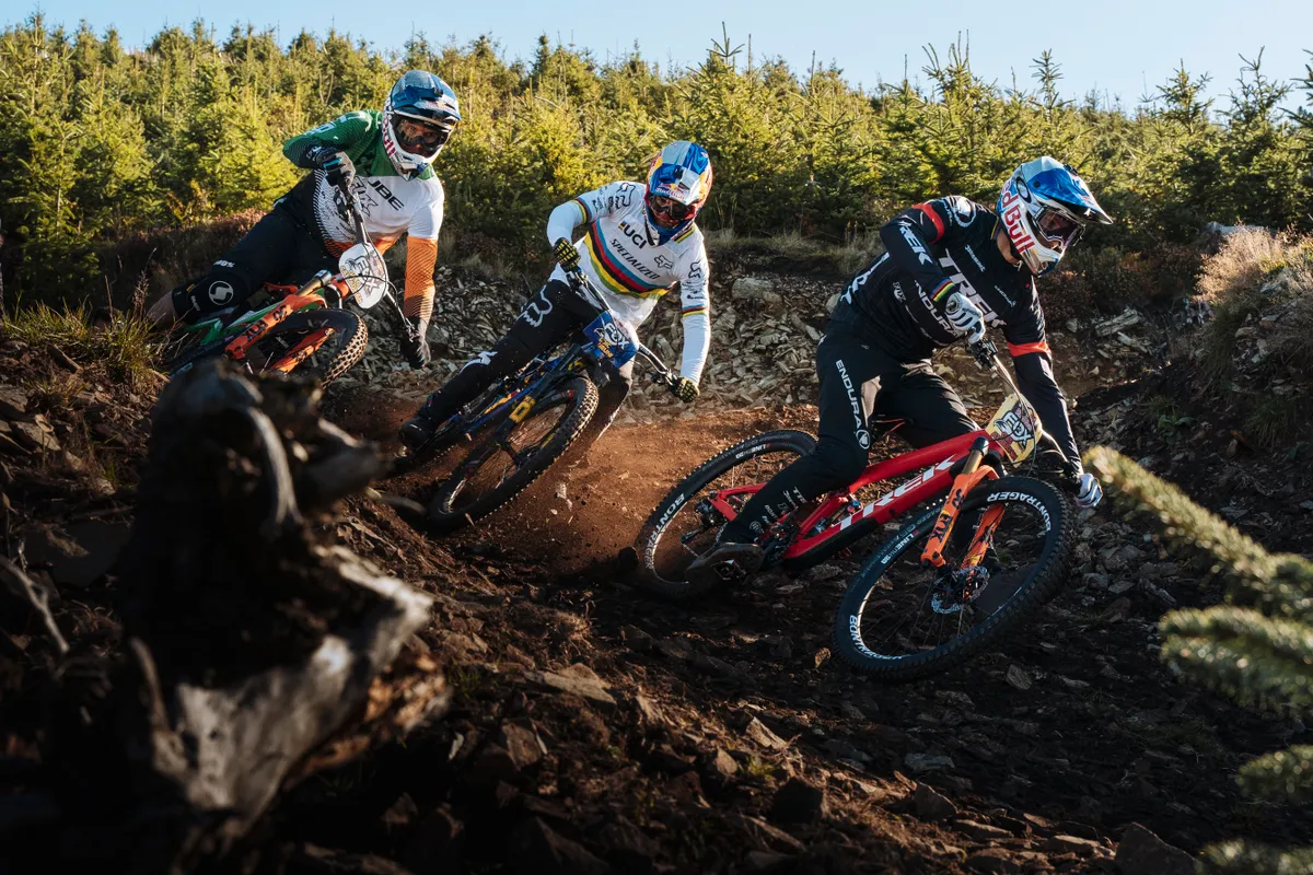 The three male foxes: Greg Callaghan, Loïc Bruni and Gee Atherton. Photo: Duncan Philpott / Red Bull