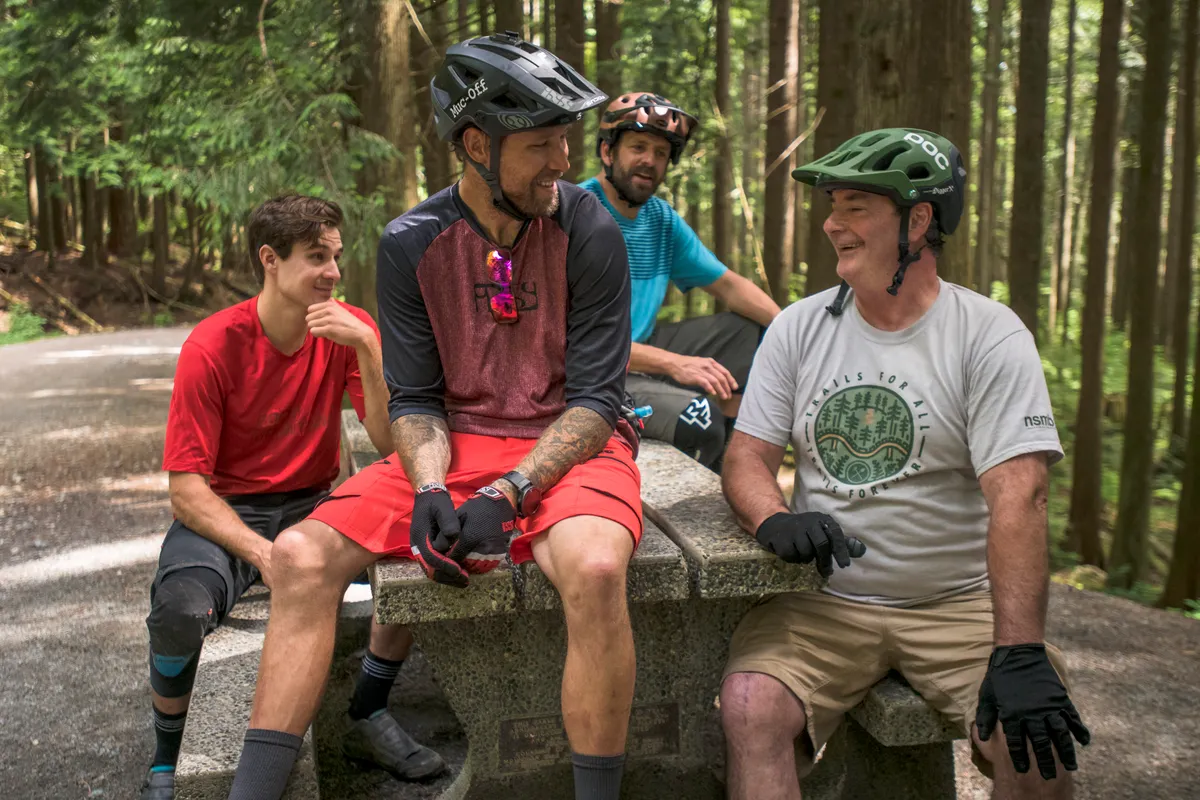Not your everyday day riding crew. From right to left: Todd 'Digger Fiander, Wade Simmons, Geoff Gulevich & Rocky Mountain Bikes' Stephen Matthews.