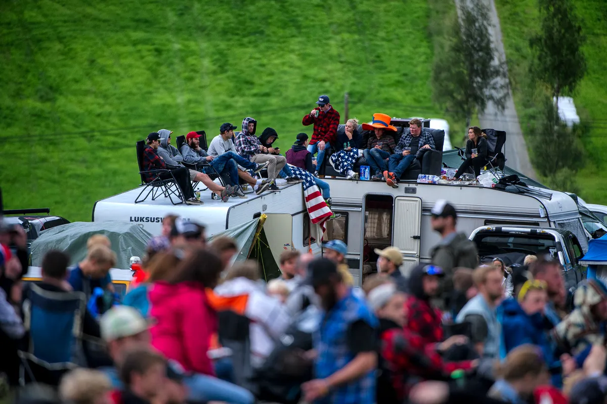 Crowds gather, as the riders psyche themselves up to hit the Fest line. Photo: Andy Lloyd