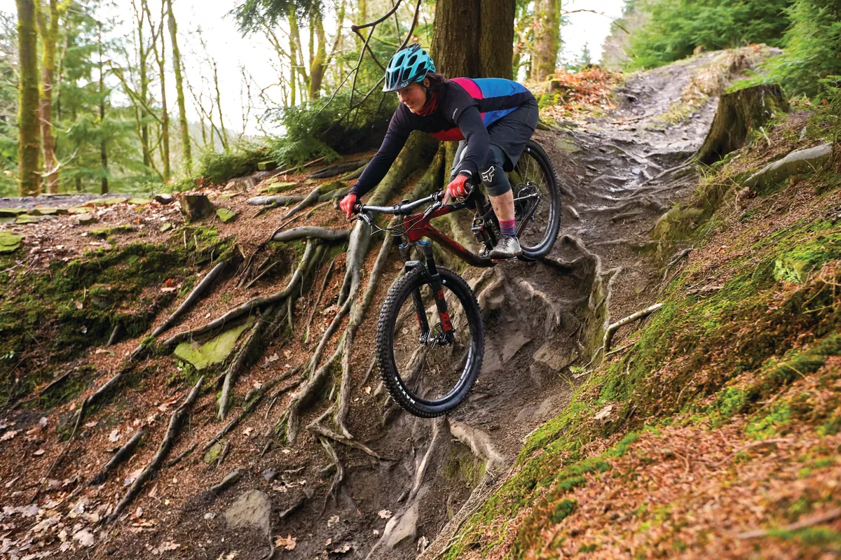 Rebecca Smith riding a Liv Intrigue mtb . Cannop , Forest of Dean , Gloucestershire. February 2019.