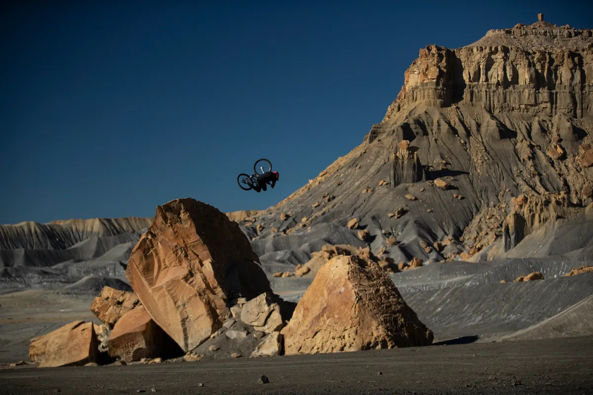 Brett Rheeder inverts a tabletop in the unearthly landscape of Utah. Photo: Sterling Lorence