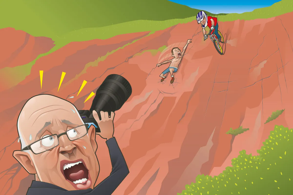 Steve Behr shoots Gee Atherton descending a cliff. Illustration: Kevin February