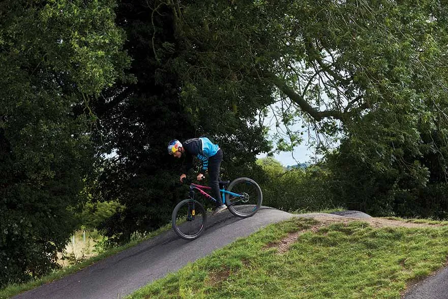 Racing around the pump track for this month's hilarious Trail Crew in Swindon, Wiltshire. Photo: Steve Behr