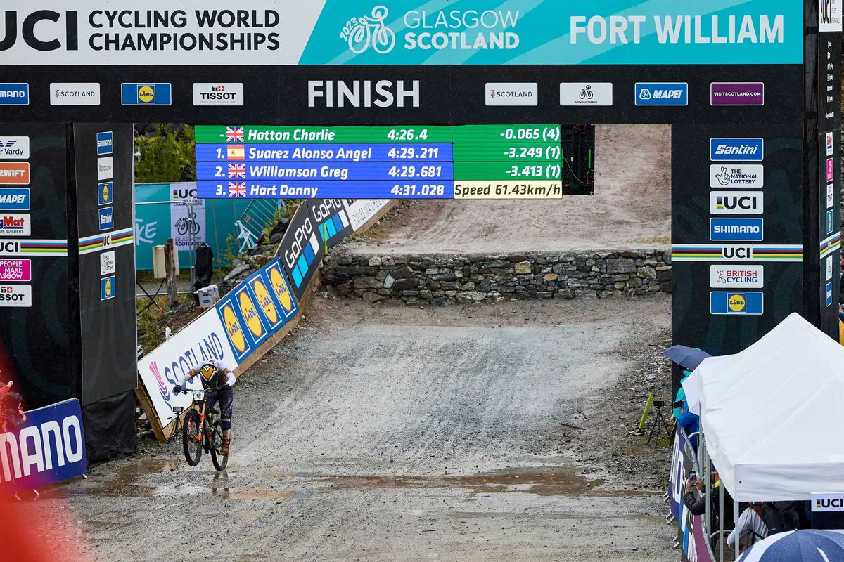 Charlie Hatton wins the 2023 UCI Downhill World Championships. Pic: Steve Behr