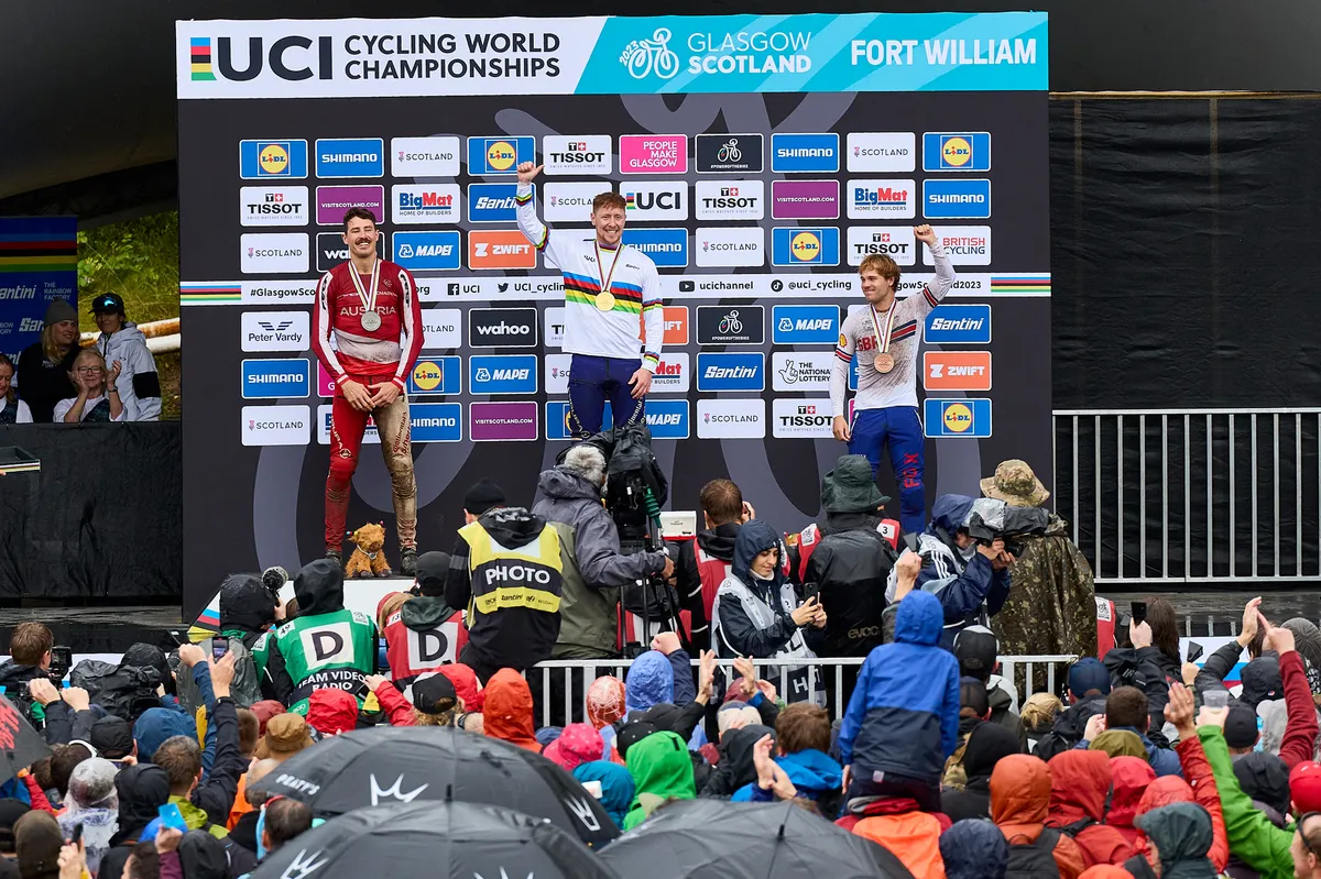 Charlie Hatton wins the 2023 UCI Downhill World Championships. Pic: Steve Behr