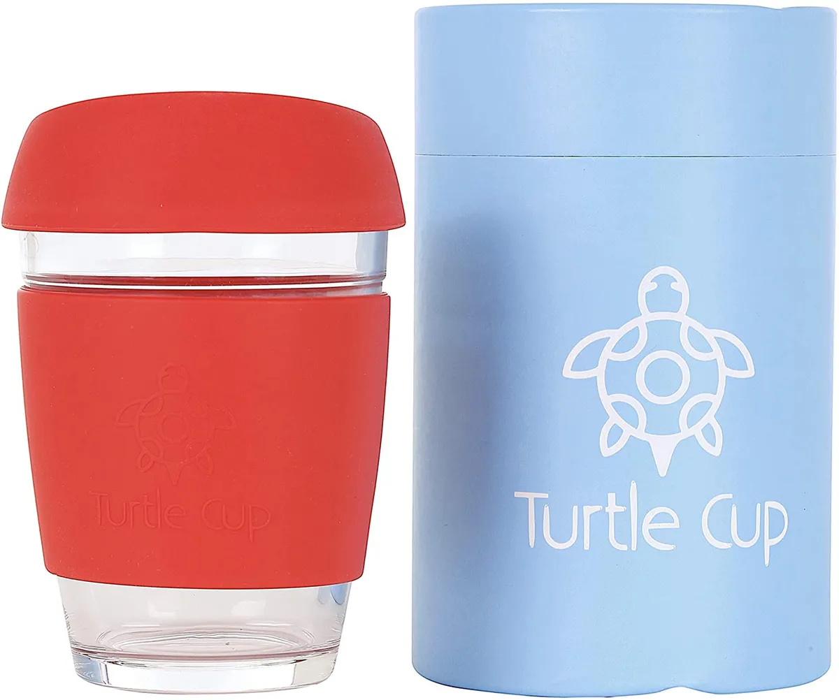 Eco Friendly Glass Reusable Travel Coffee Cup from Turtle Cup in a bright red design