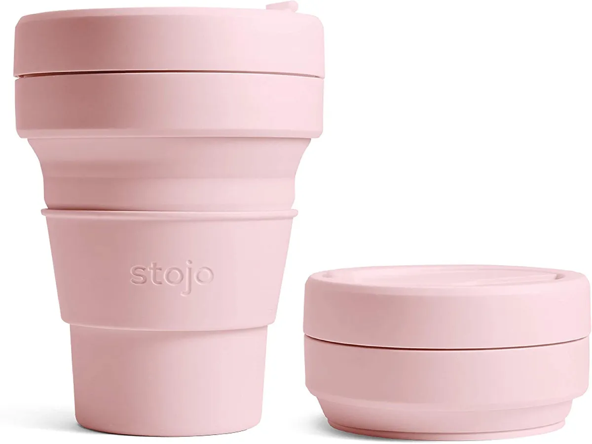 Stojo On The Go Collapsible Coffee Cup in a pretty pastel pink