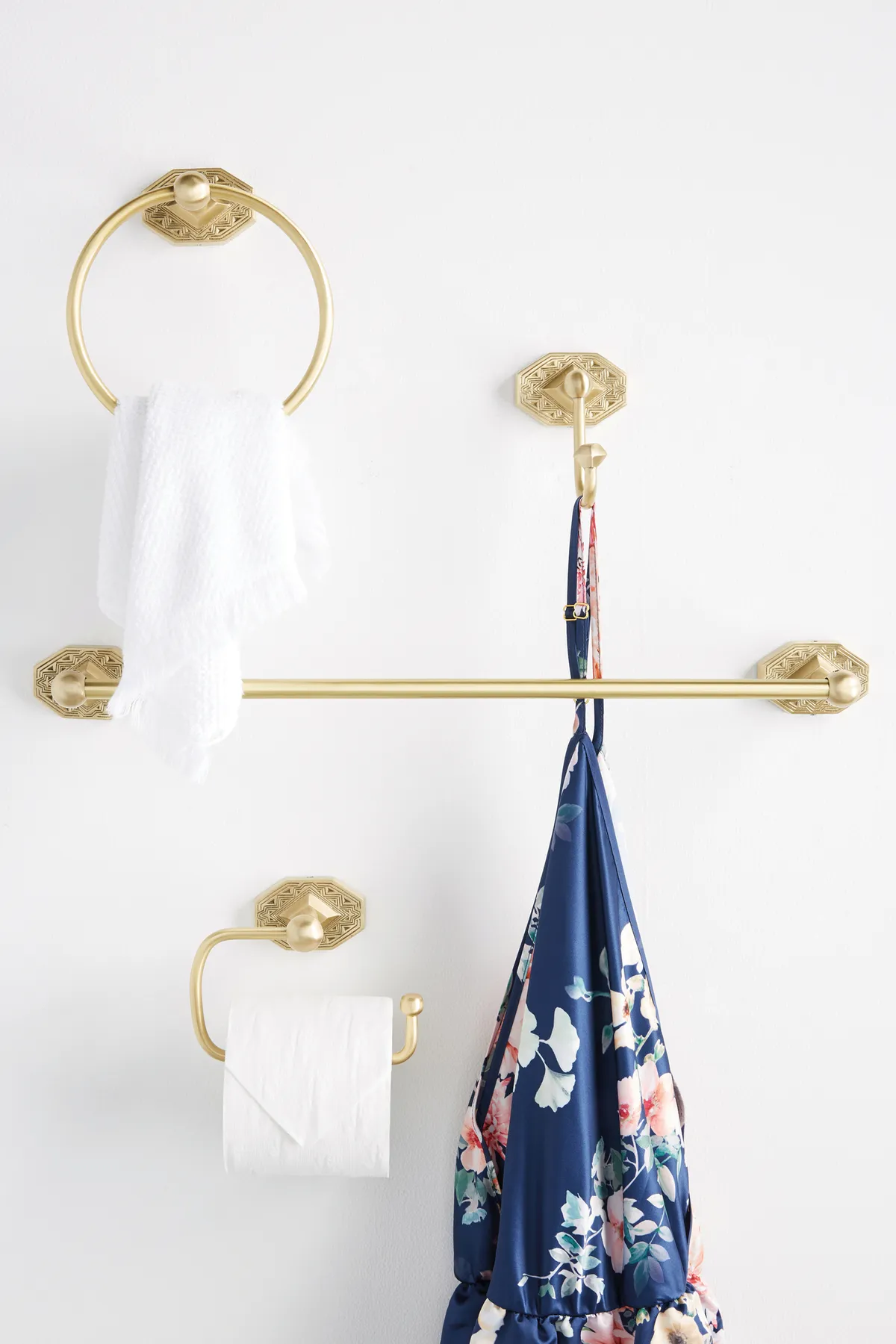 Ester towel bar, £32; Ester towel hook, £20; Ester towel ring, £36, all Anthropologie