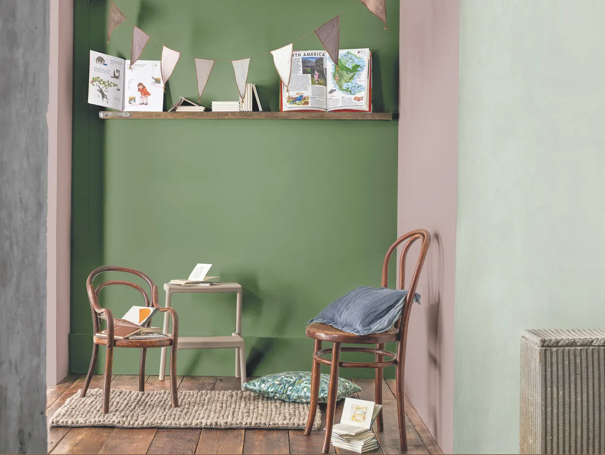 Warm toned greens will create a cosy space. Tranquil Dawn, Forest Shade and Heart Wood, £29.16 for 2.5L, Dulux