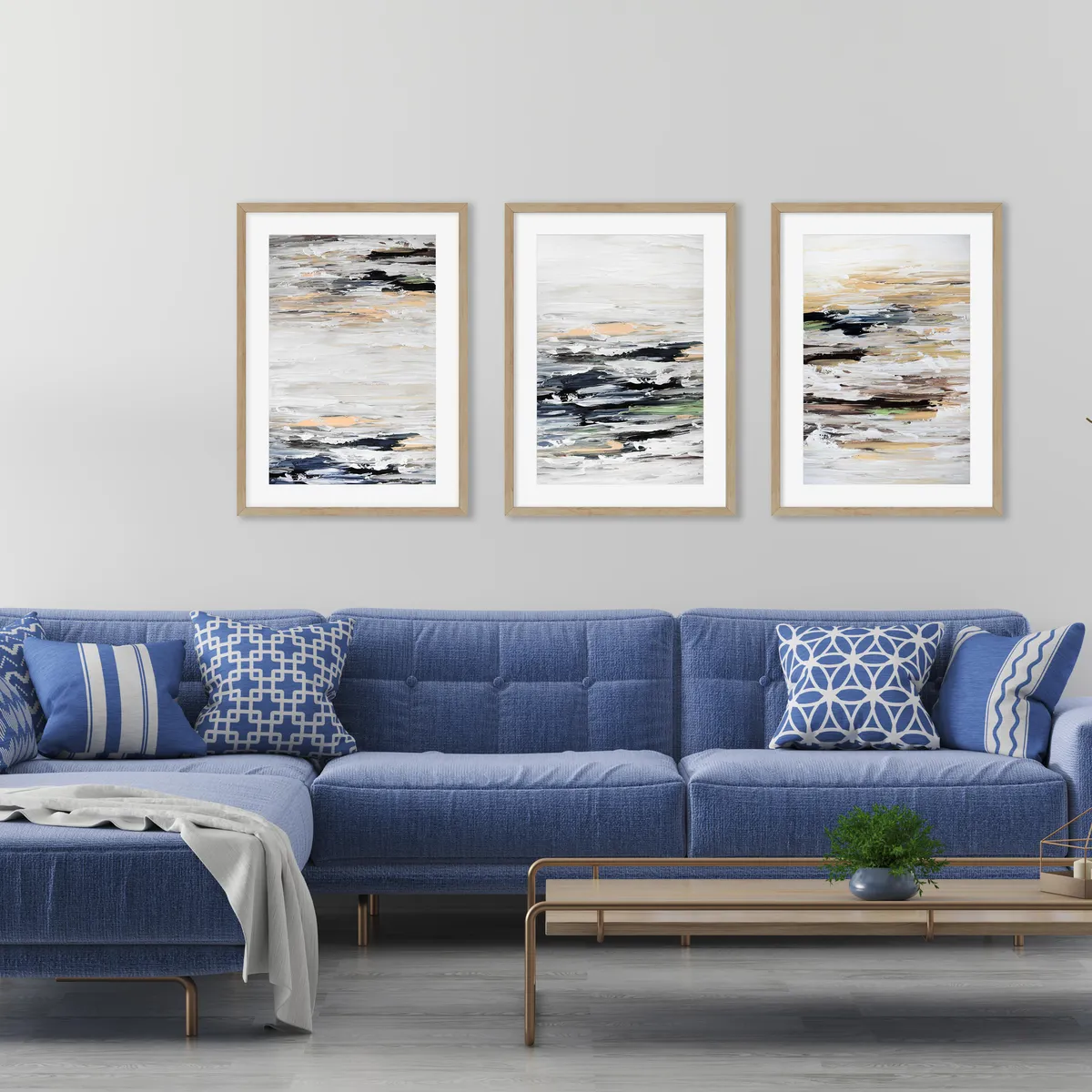 Pair cornflower blue furnishings with cool grey walls for a modern seaside vibe. Image by Abstract House. 