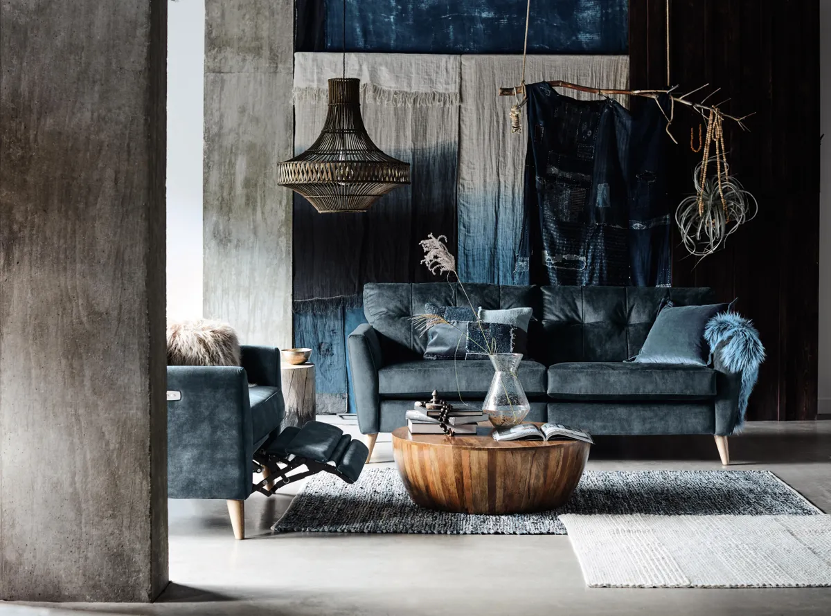 Match grey-toned blue with wood and rattan for laid-back, bohemian style. Image by DFS x French Connection Studio