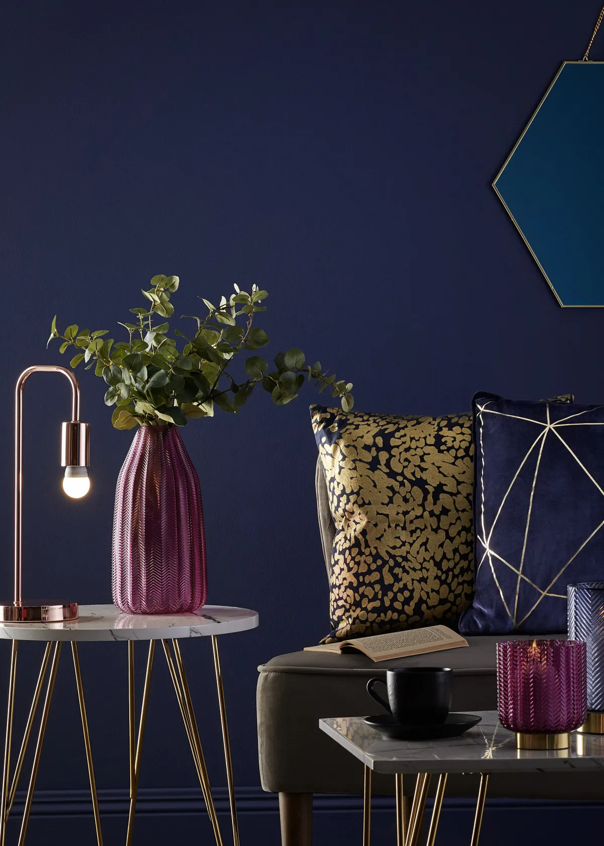 Jewel tones and metallics make midnight blue feel sumptuous and expensive. Image by Wilko. 