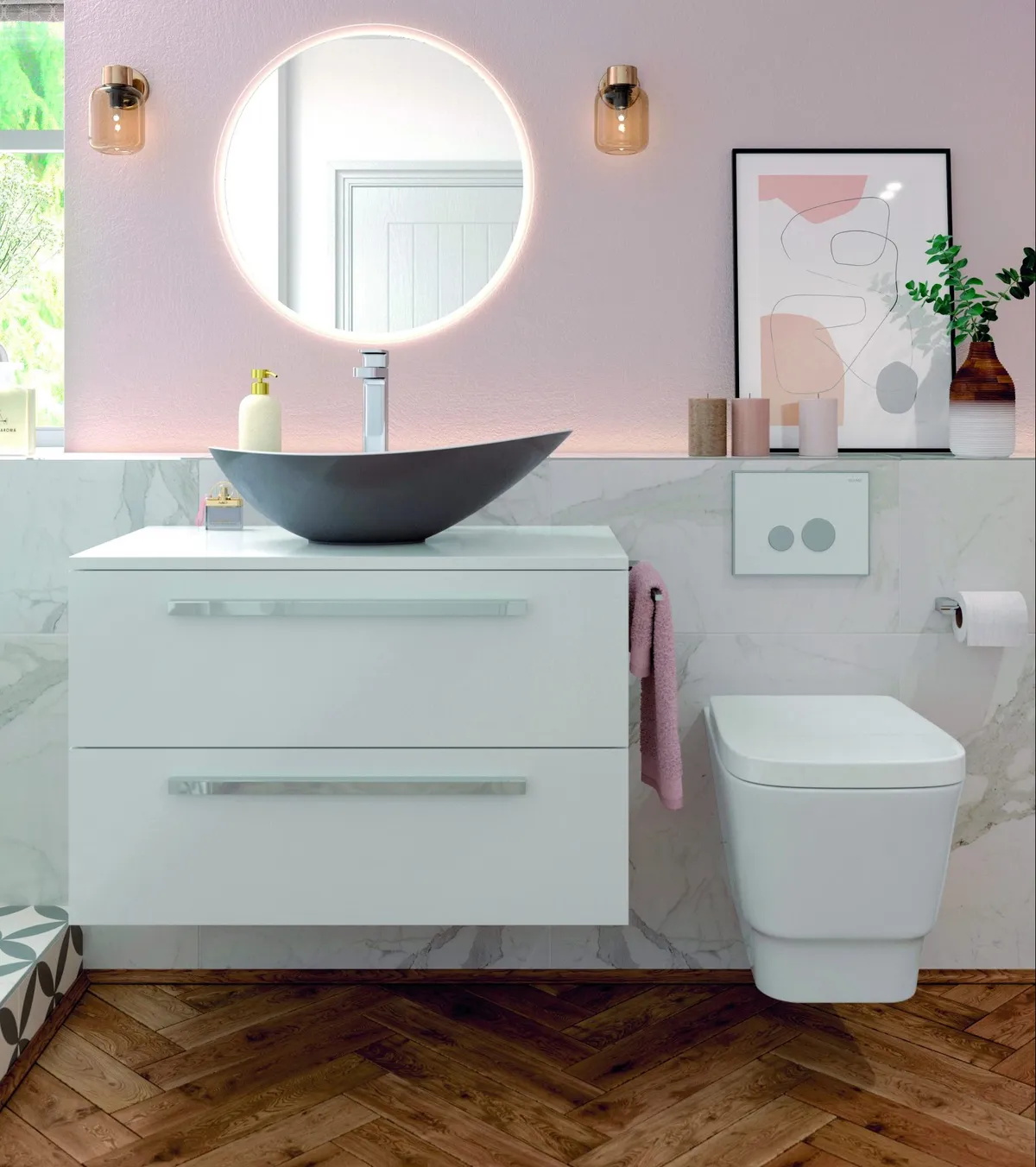The dual flush button is now a standard feature on new toilets, encouraging you to flush with less water Amyris wall hung pan and soft close seat, £199, Bathrooms to Love