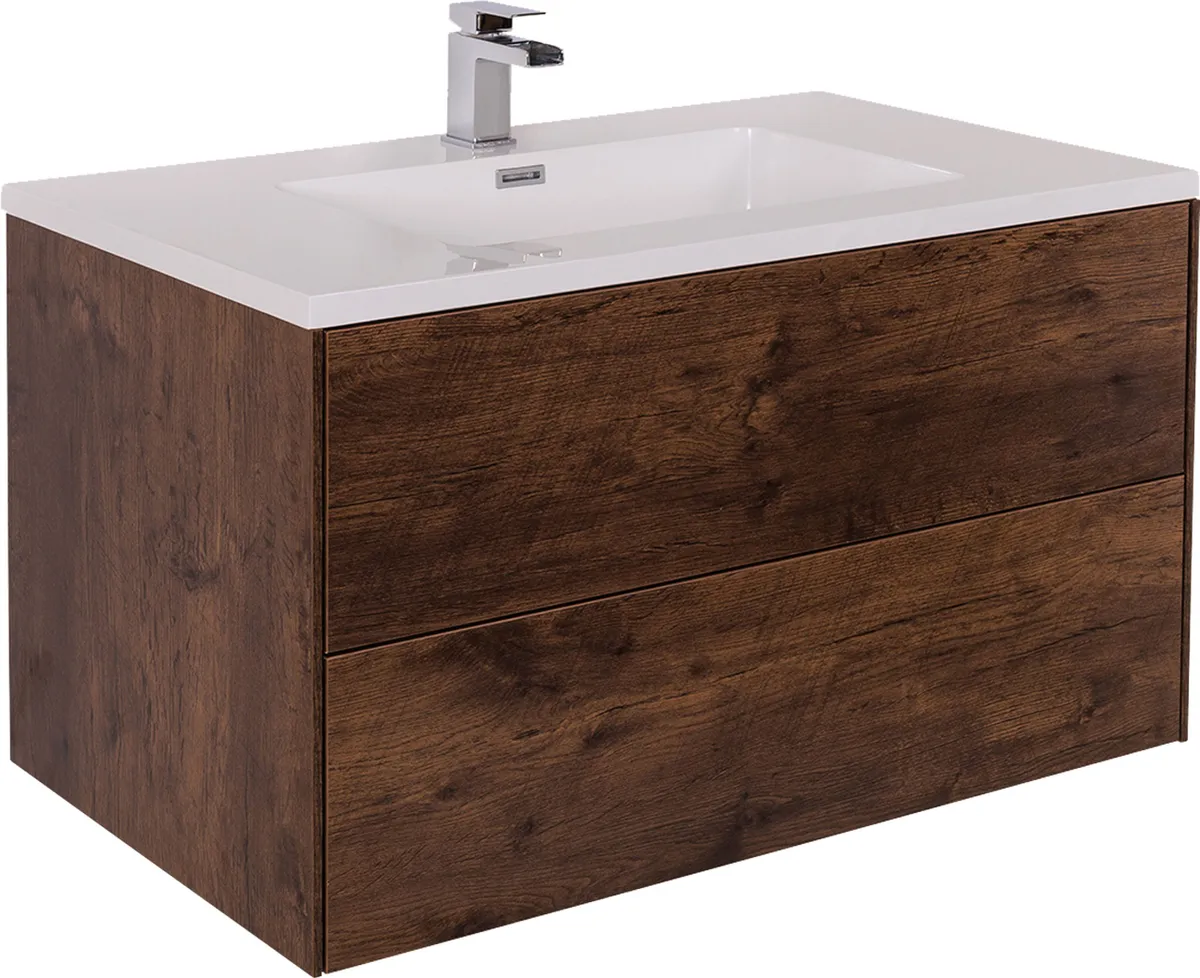 Hide away less attractive toiletries in a wall-hung vanity drawer unit and display the prettier pieces on the wide edges of the sink. Rustic Oak 900mm wall-hung vanity unit with basin, £219.97, Bathroom Takeaway