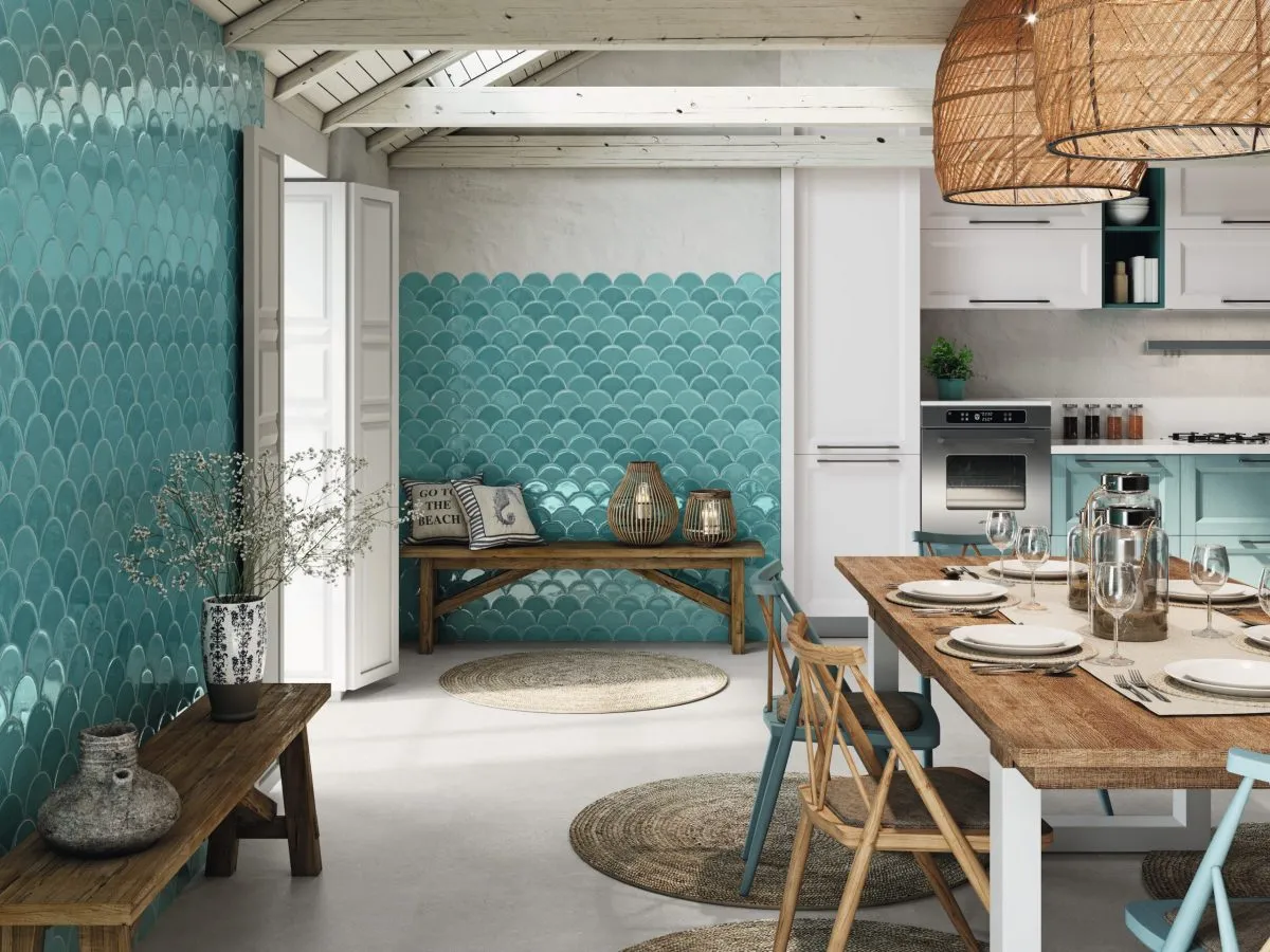 Corsica Fan Tile lifestyle image from Porcelain Superstore in shades of aqua