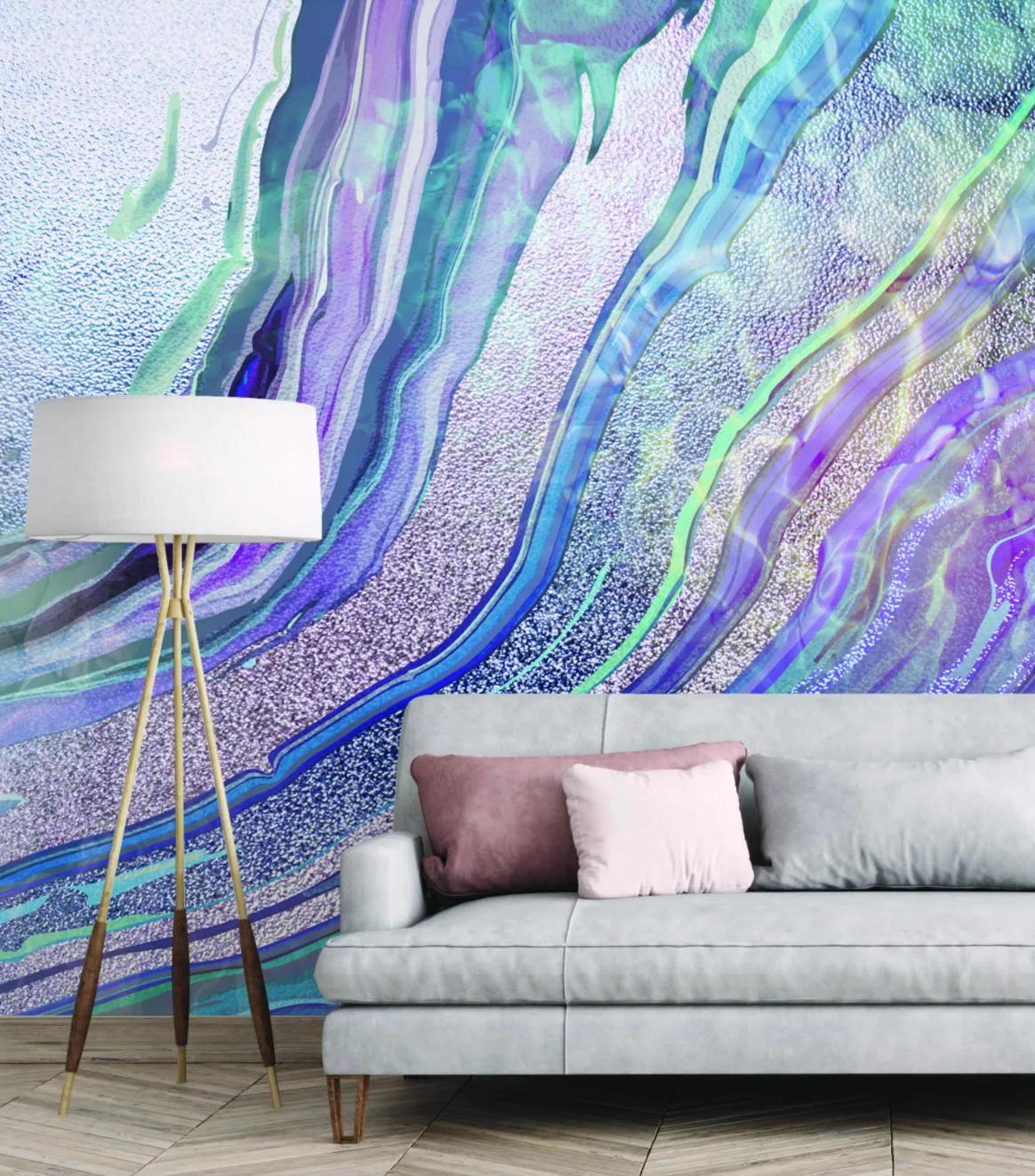 Really embrace this crystalising trend by creating a feature wall with a mural Lilac Ripple wall mural by Lara Skinner, £35 per sq m, Wallsauce