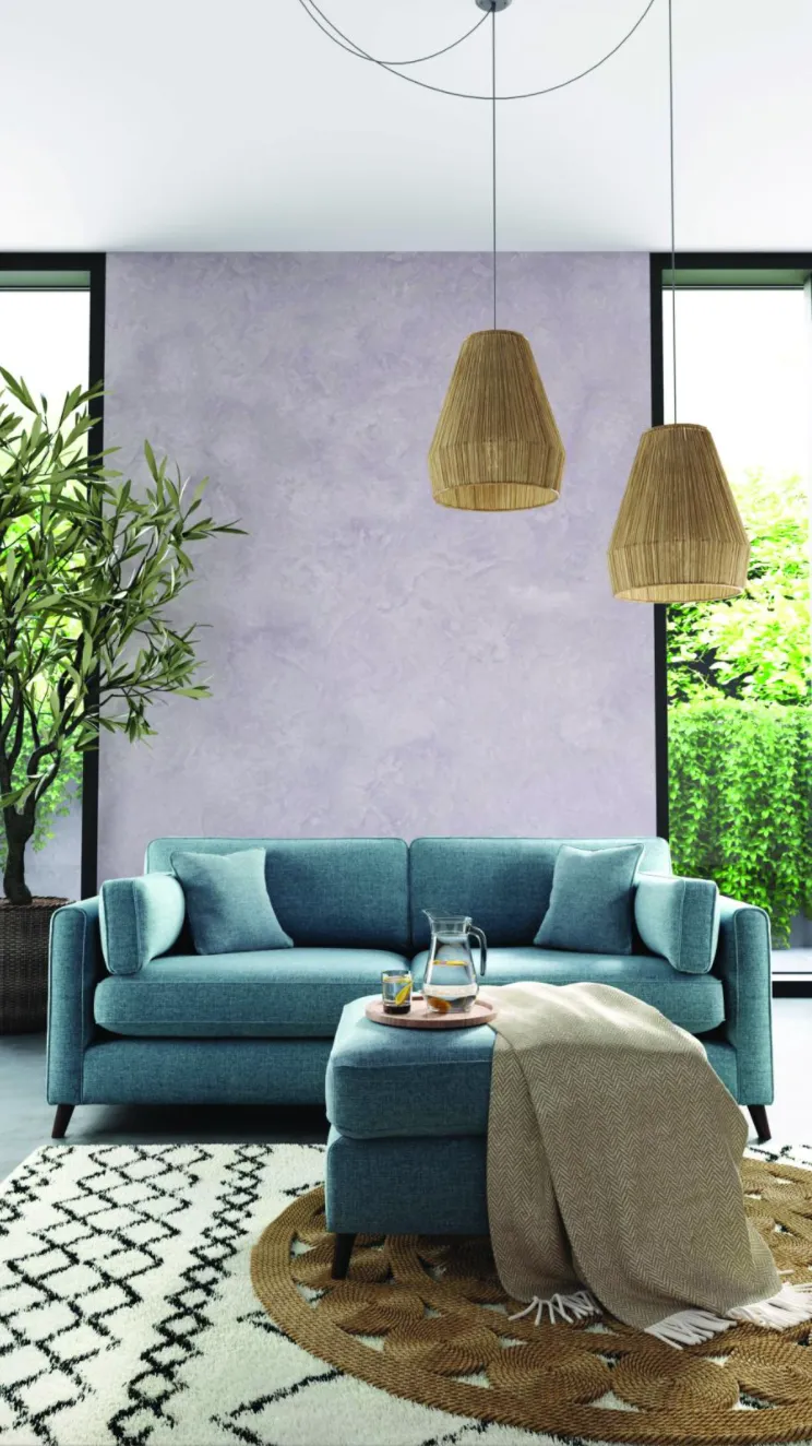Tones such as lilac, white and teal combine well and mirror the iridescent colours found in reflective glass Sofology Castille sofa in Teal Mix, £1,199, Sofology