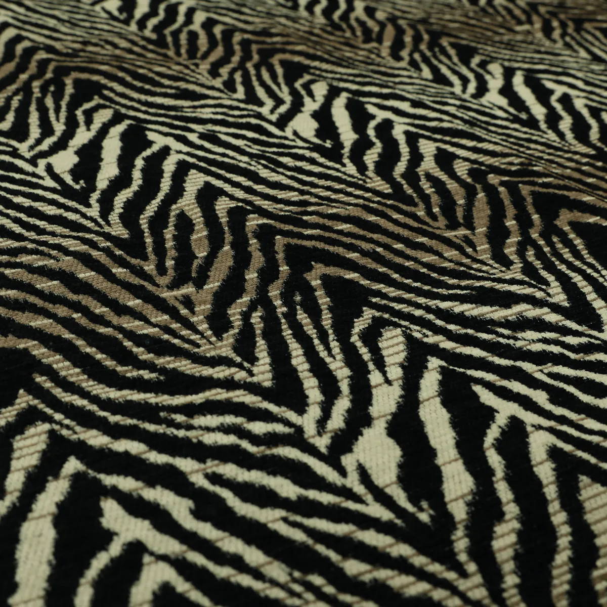 Animal-theme zebra jungle pattern black-brown-beige-coloured soft chenille-textured upholstery fabric, £41.99 per metre, Yorkshire Fabric Shop