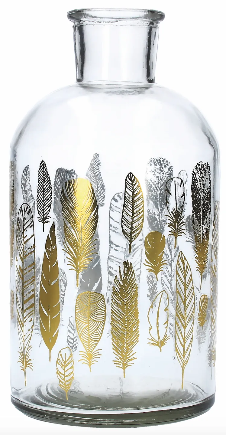 Add glitz with this glass bottle adorned with pretty painted golden feathers. £10 from Gisela Graham