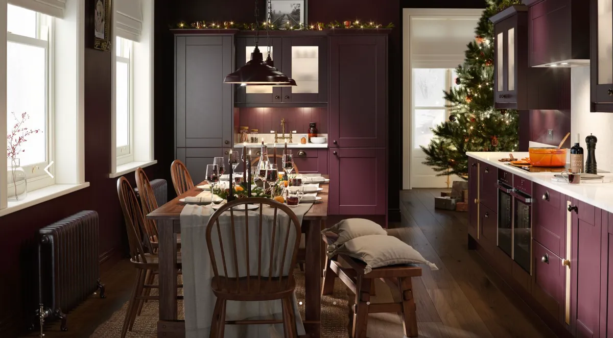 Shaker kitchen in aubergine and gullwing, from £4,345, Wren Kitchens