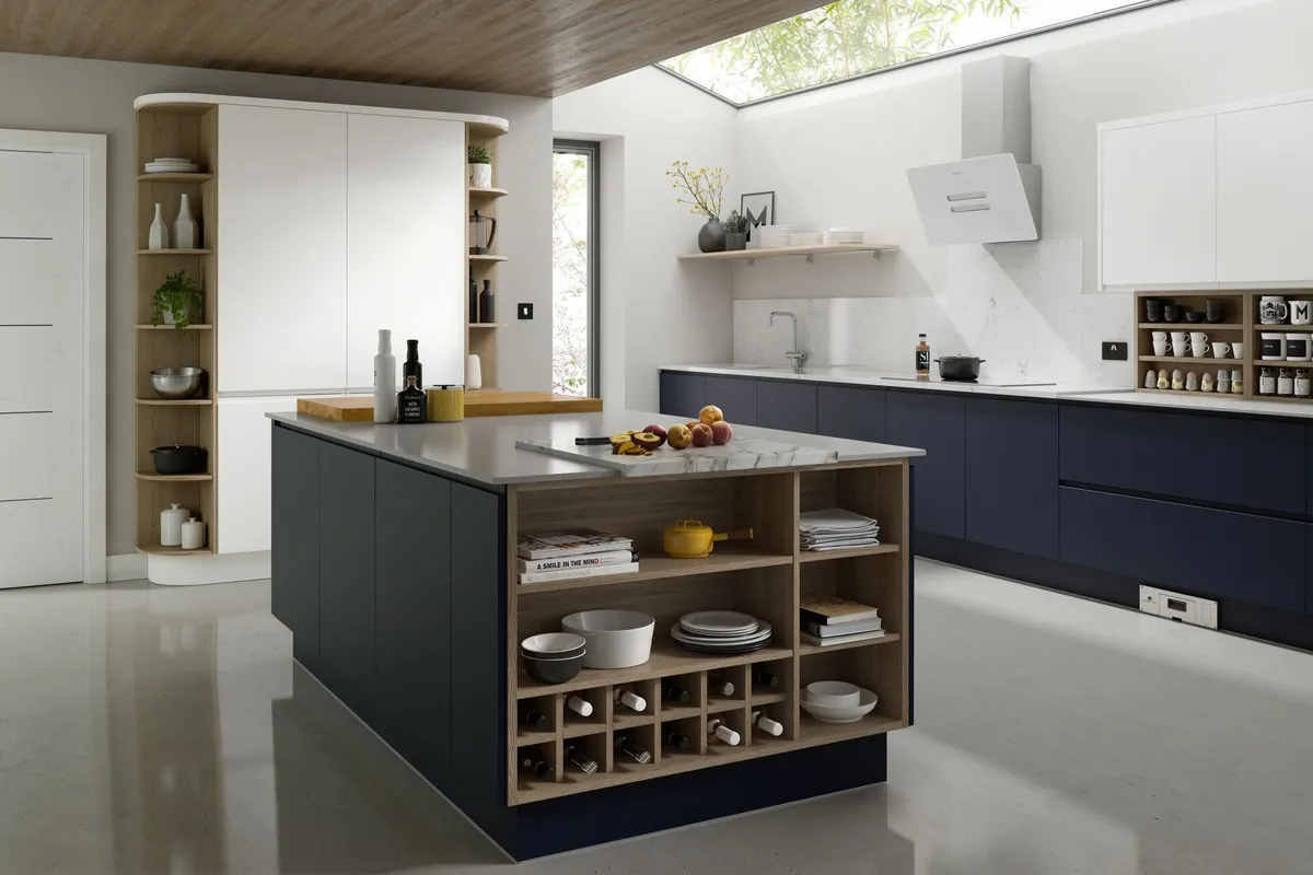 Handleless kitchen in Baltic and White, from £5,876, Wren