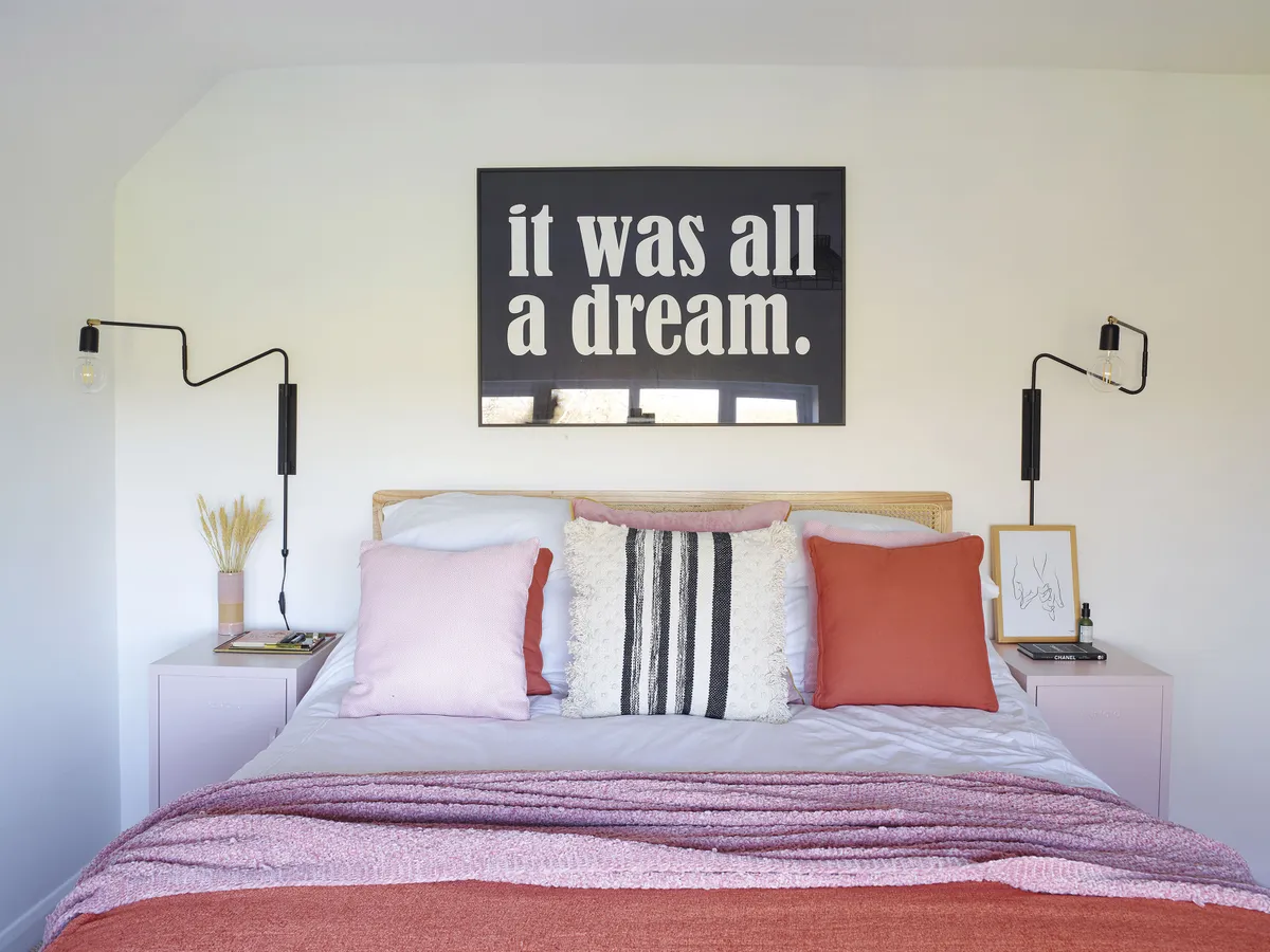 With its white walls, feature wall lights and centrepiece bathtub, there’s a boutique hotel feel to Hayley’s master bedroom. ‘I love the adult-only sanctuary we’ve created here,’ says Hayley